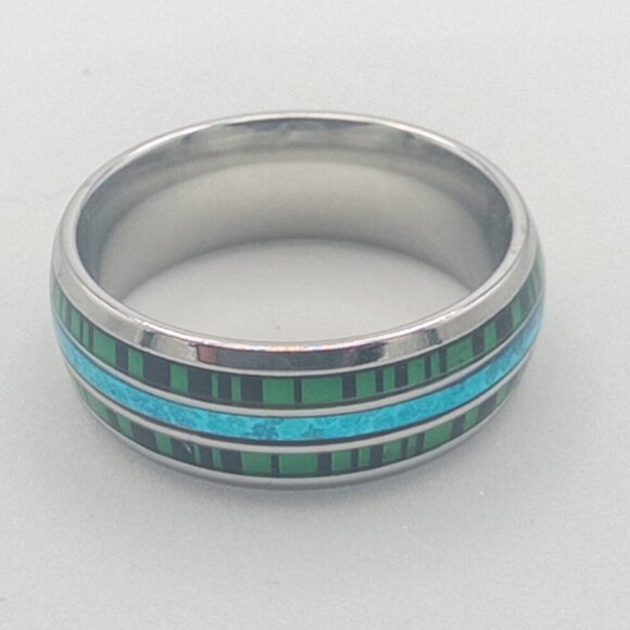 Stainless Steel Ring with Green and Blue Inlay - Picture 7 of 17